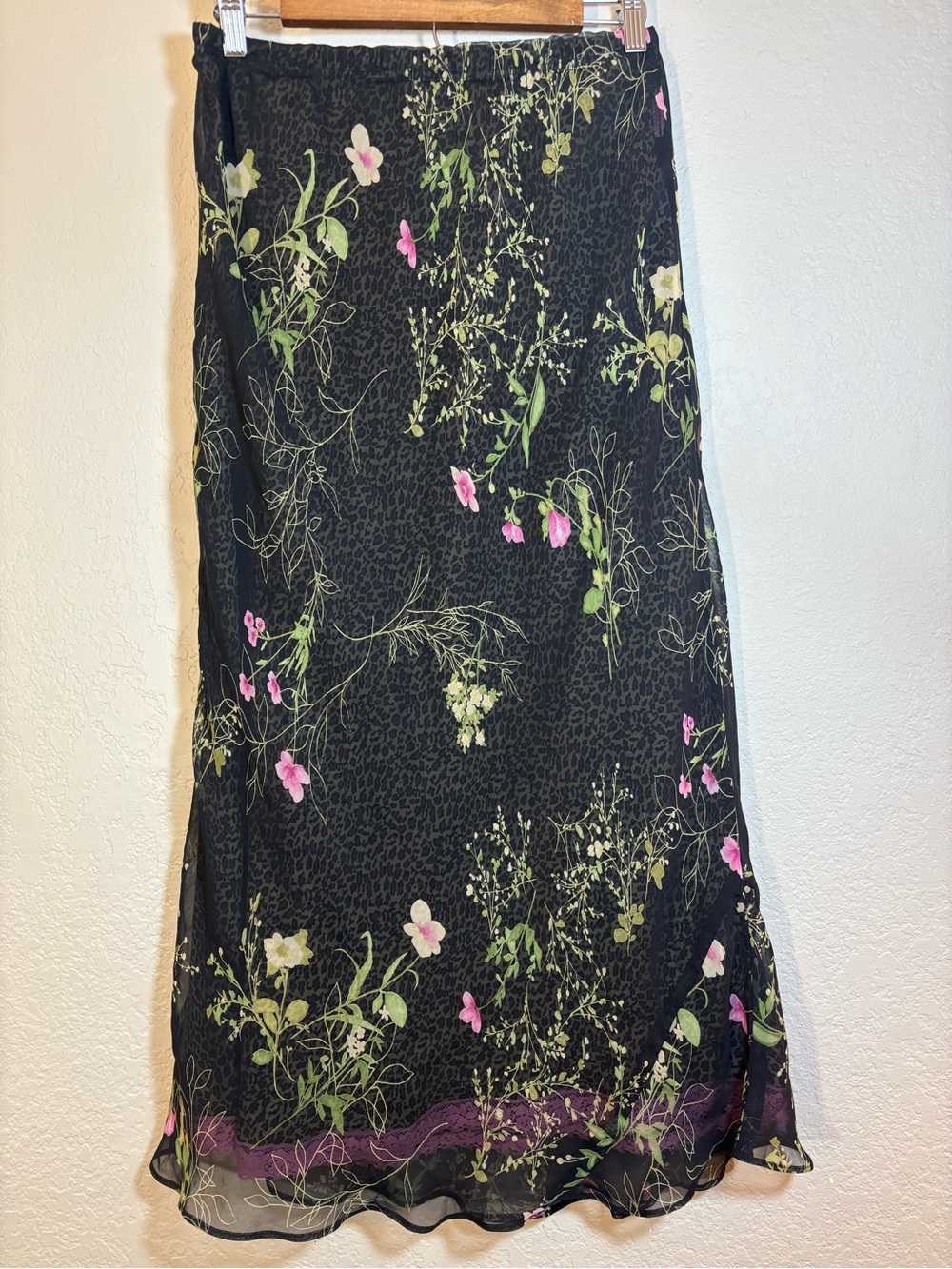 Vintage 90s Y2K Carole Little Petites Floral Leopard Print Lace Trim Maxi Skirt